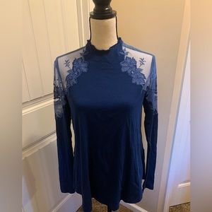 Free People blue lace appliqué top